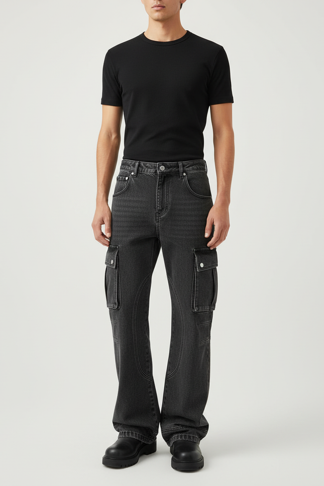 Pantalon Cargo Gris Délavé Ample Multipoches Homme - Jean