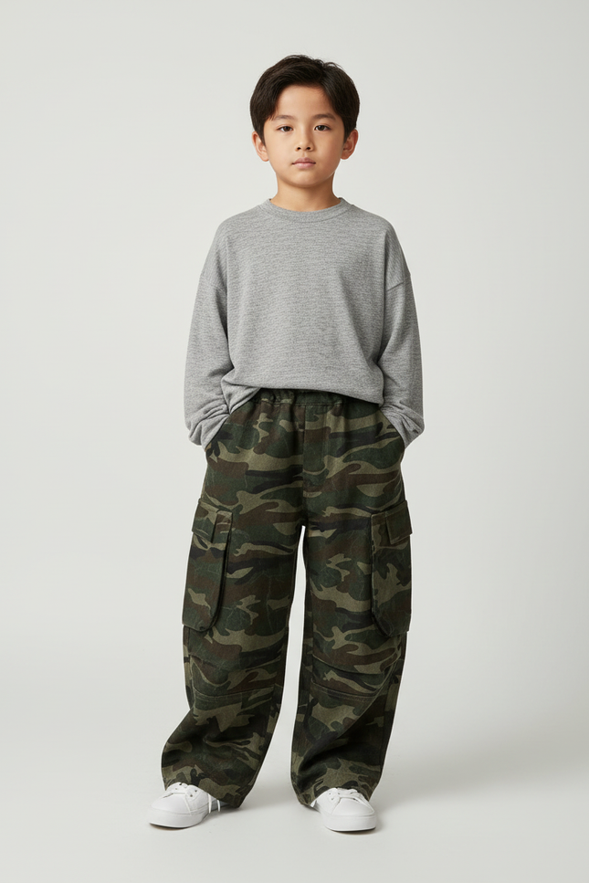 Pantalon Cargo Camouflage Ample Molletonné Enfant Décontracté - Imprimé