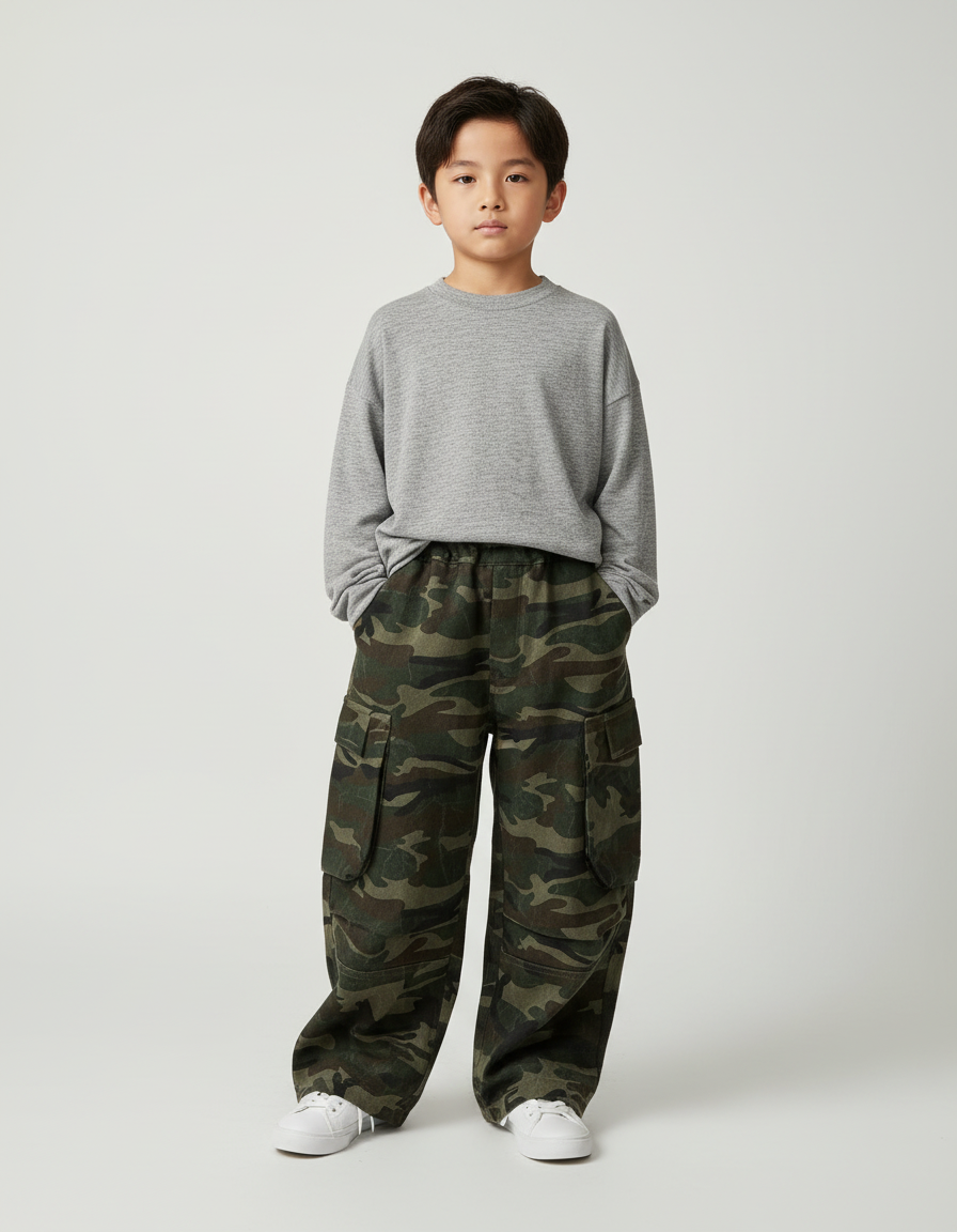 Pantalon Cargo Camouflage Ample Molletonné Enfant Décontracté - Imprimé