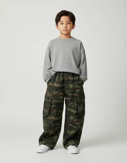 Pantalon Cargo Camouflage Ample Molletonné Enfant Décontracté - Imprimé