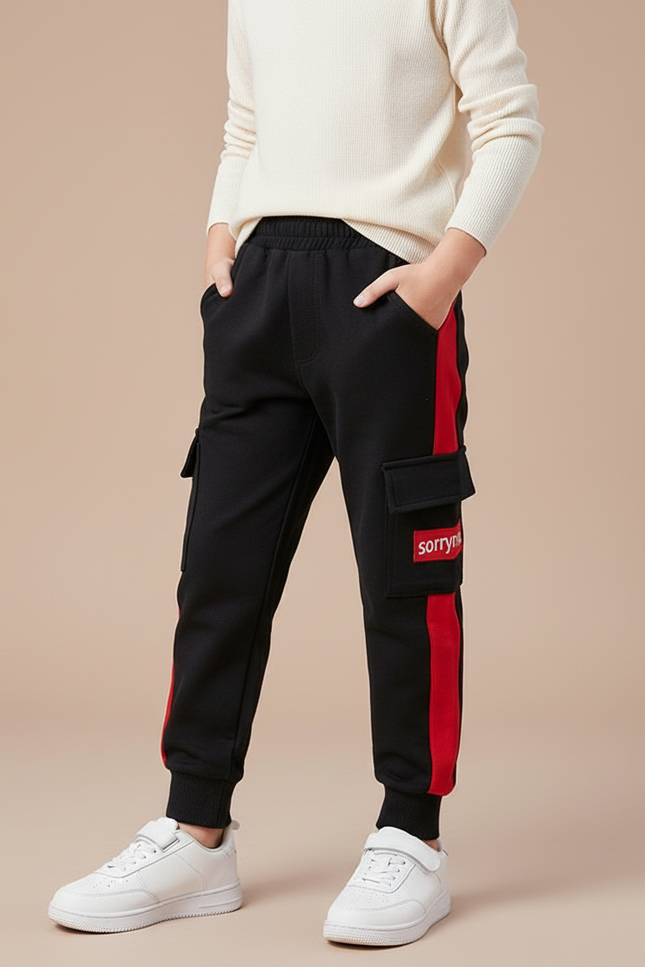 Pantalon Cargo Noir Rayure Rouge Molletonné Enfant