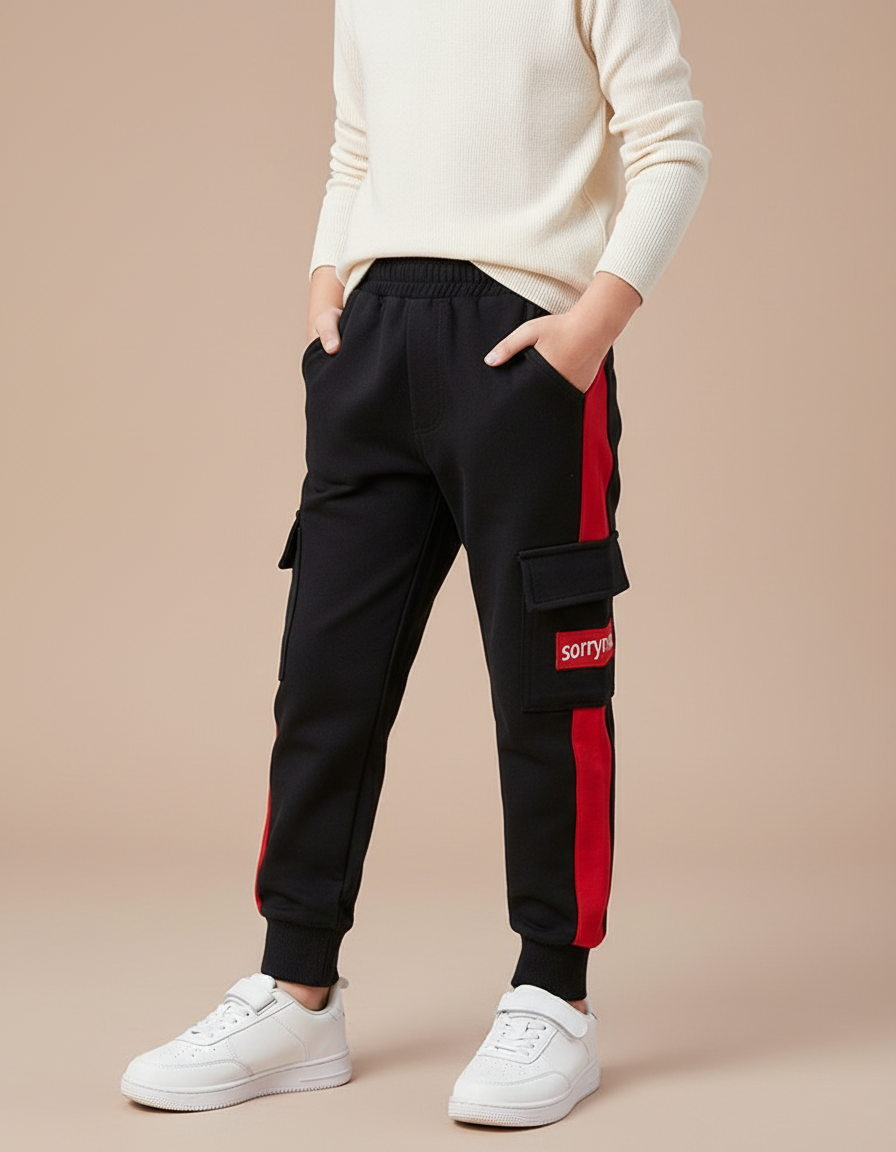 Pantalon Cargo Noir Rayure Rouge Molletonné Enfant
