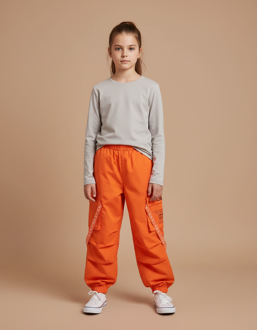 Pantalon Cargo Orange Ample Sangles Enfant - Toile