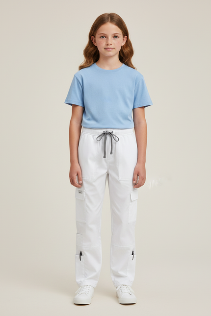 Pantalon Cargo Blanc Cordon Multi-Poches Enfant - Gabardine