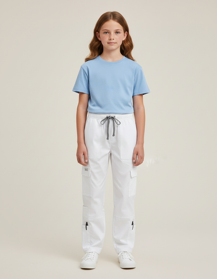 Pantalon Cargo Blanc Cordon Multi-Poches Enfant - Gabardine