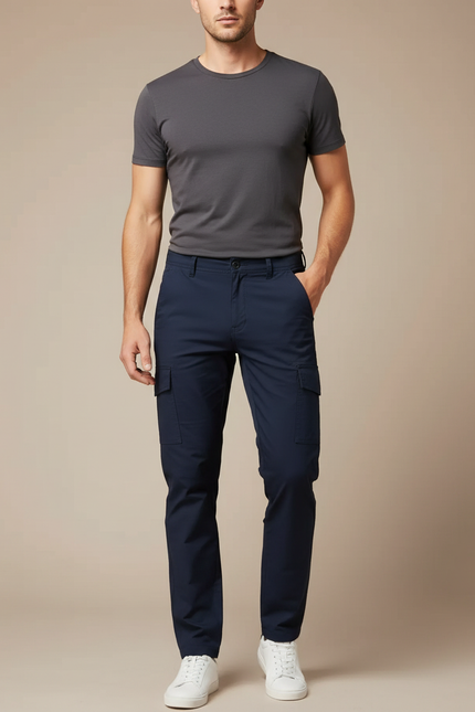 Pantalon Cargo Bleu Marine Slim Multipoches Homme - Toile