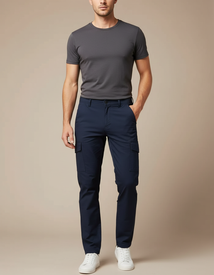 Pantalon Cargo Bleu Marine Slim Multipoches Homme - Toile