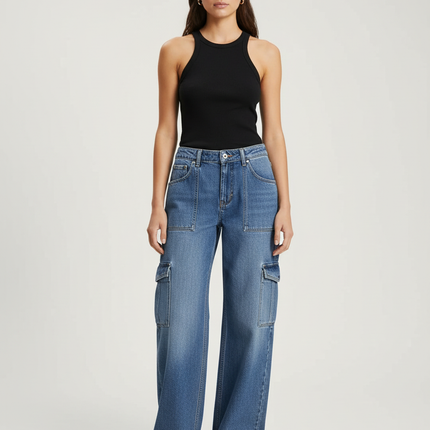 Pantalon Cargo Jean Ample Bleu Multipoches Droit