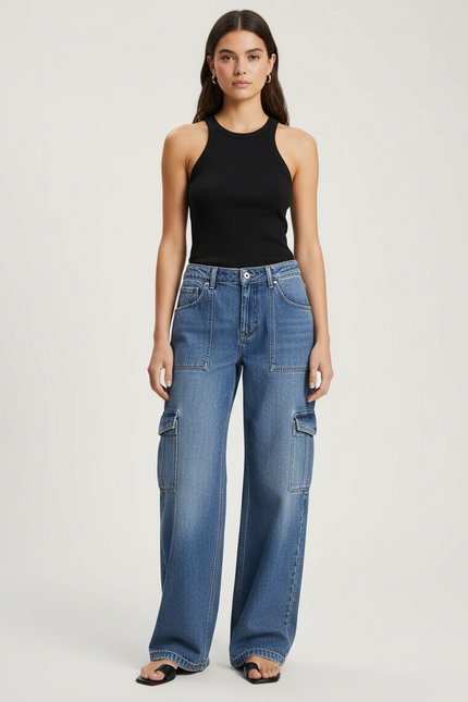 Pantalon Cargo Jean Ample Bleu Multipoches Droit