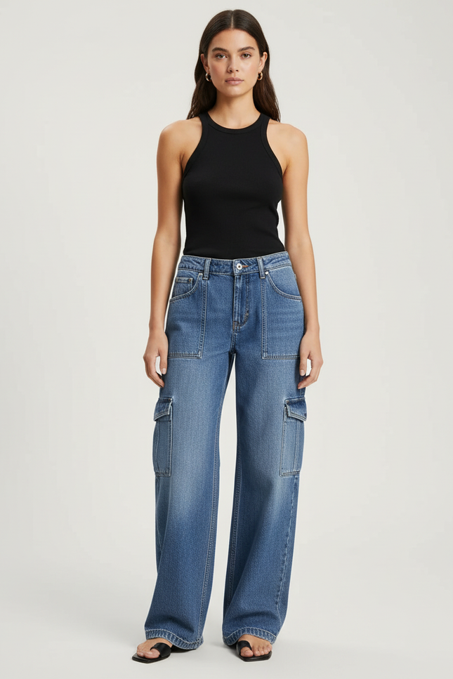 Pantalon Cargo Jean Ample Bleu Multipoches Droit