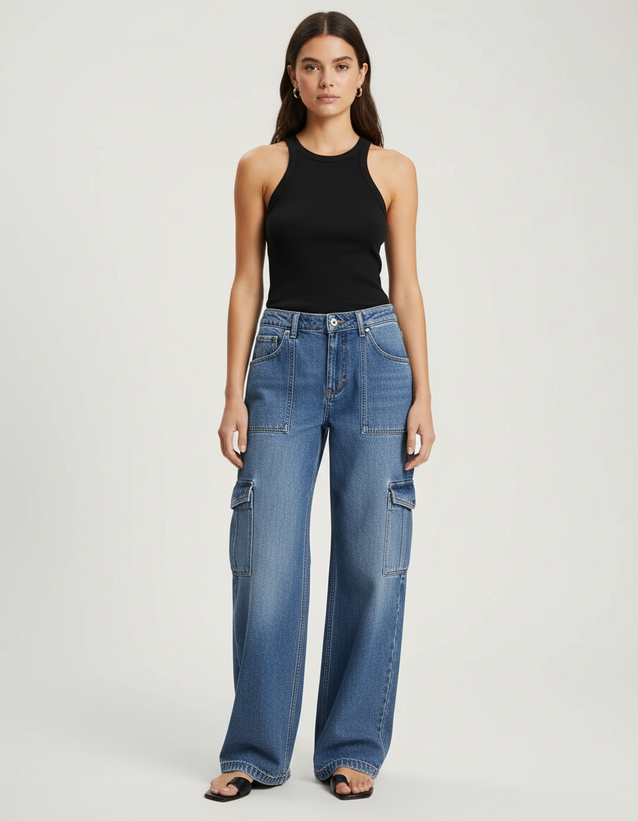 Pantalon Cargo Jean Ample Bleu Multipoches Droit