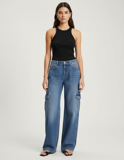 Pantalon Cargo Jean Ample Bleu Multipoches Droit