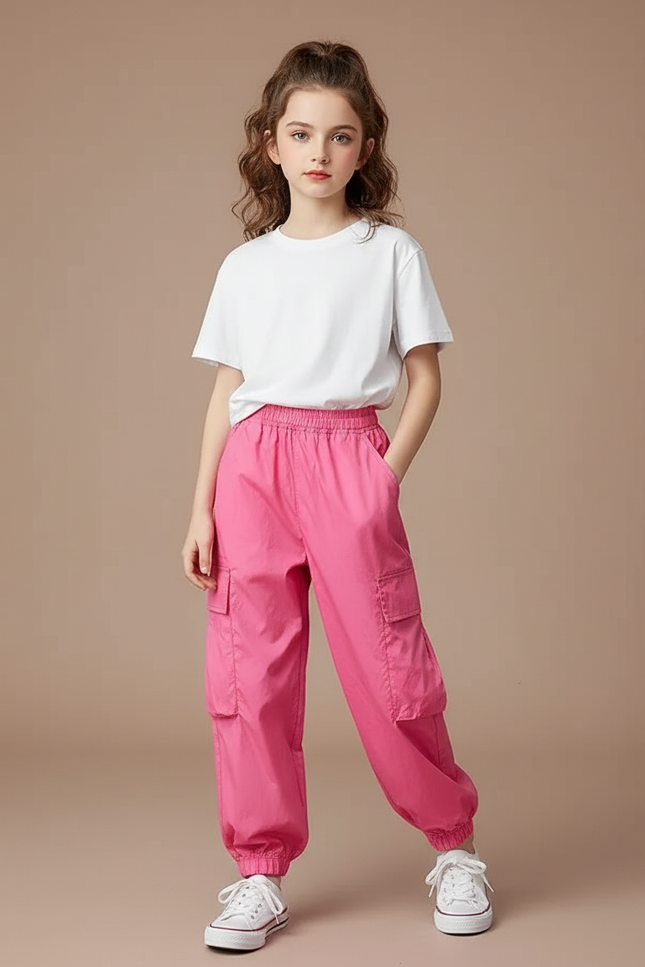 Pantalon Cargo Rose Ample Jogger Fille Streetwear - Polyester