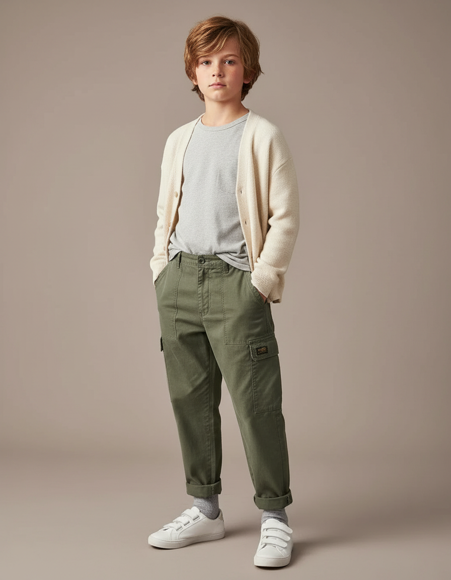 Pantalon Cargo Kaki Ample Coton Enfant Décontracté