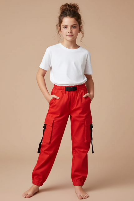 Pantalon Cargo Rouge Décontracté Multipoches Enfant - Toile