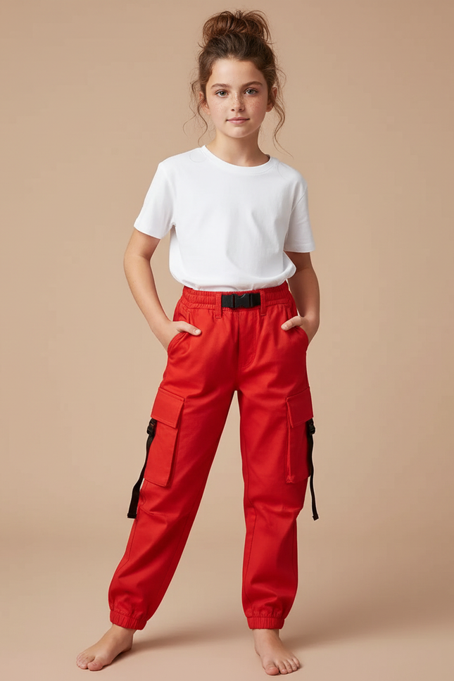 Pantalon Cargo Rouge Décontracté Multipoches Enfant - Toile