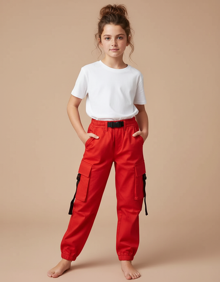 Pantalon Cargo Rouge Décontracté Multipoches Enfant - Toile