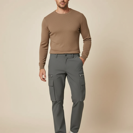 Pantalon Cargo Gris Élégant Multipoches Coupe Droite - Polyester