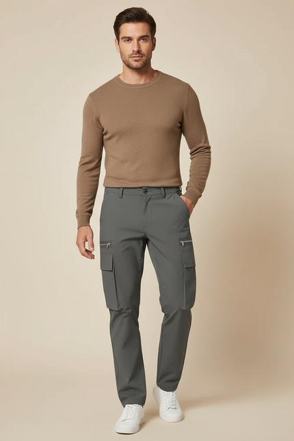 Pantalon Cargo Gris Élégant Multipoches Coupe Droite - Polyester