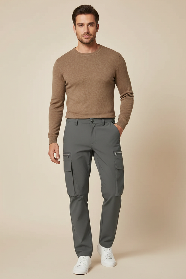 Pantalon Cargo Gris Élégant Multipoches Coupe Droite - Polyester