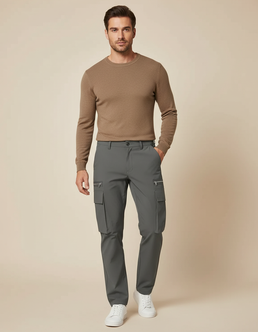 Pantalon Cargo Gris Élégant Multipoches Coupe Droite - Polyester