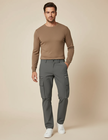 Pantalon Cargo Gris Élégant Multipoches Coupe Droite - Polyester