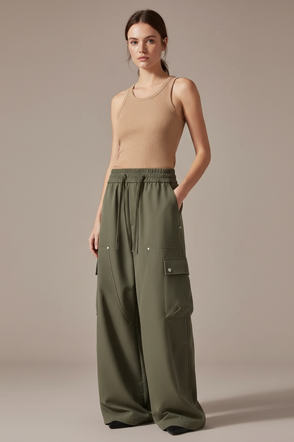 Pantalon Cargo Vert Kaki Ample Fluide Femme - Polyester