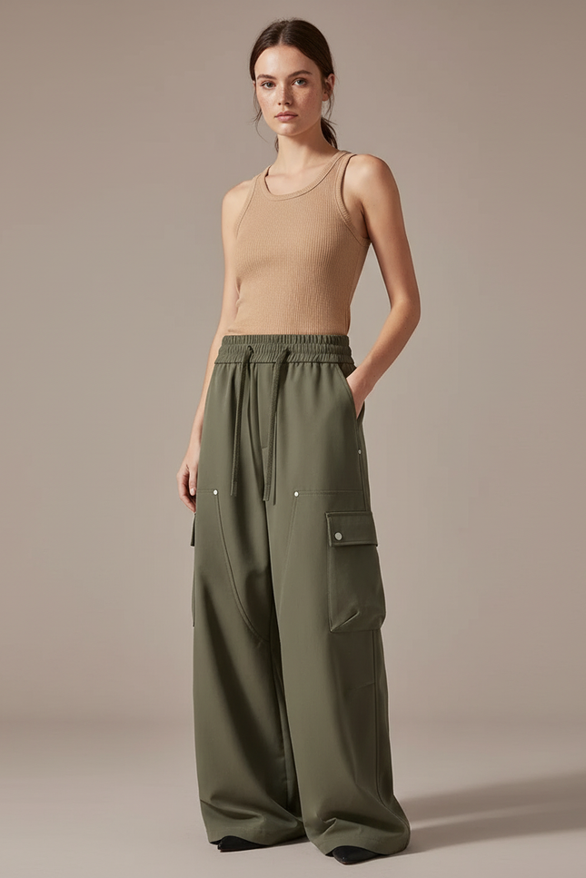 Pantalon Cargo Vert Kaki Ample Fluide Femme - Polyester