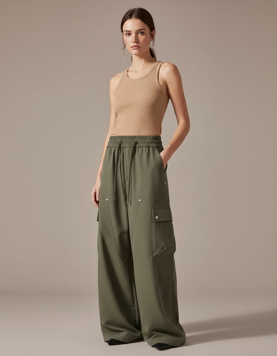 Pantalon Cargo Vert Kaki Ample Fluide Femme - Polyester