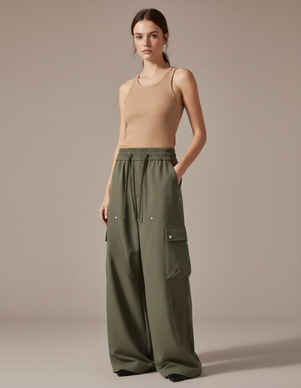Pantalon Cargo Vert Kaki Ample Fluide Femme - Polyester