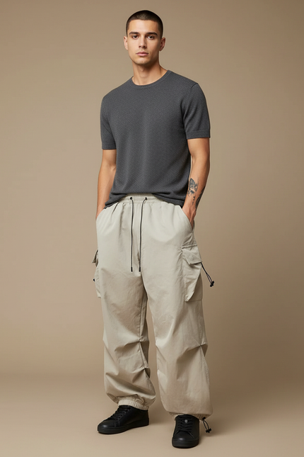 Pantalon Cargo Beige Ample Cordon Streetwear Décontracté - Polyester