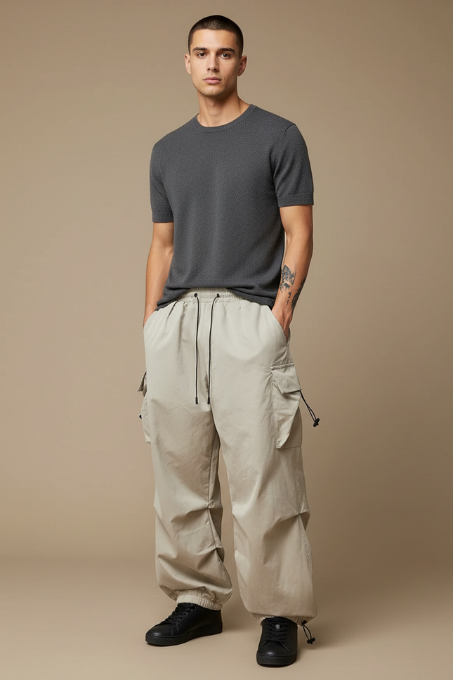 Pantalon Cargo Beige Ample Cordon Streetwear Décontracté - Polyester