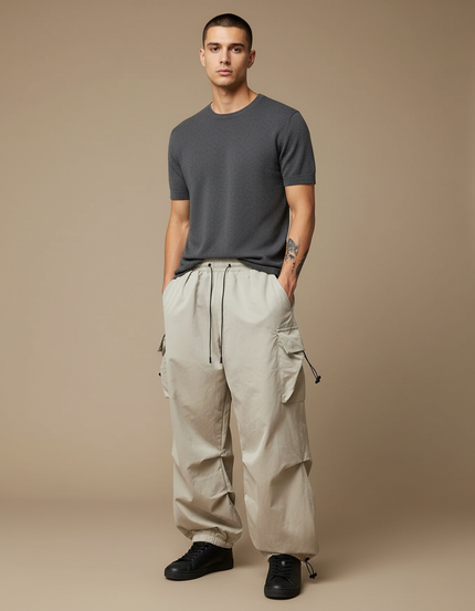 Pantalon Cargo Beige Ample Cordon Streetwear Décontracté - Polyester