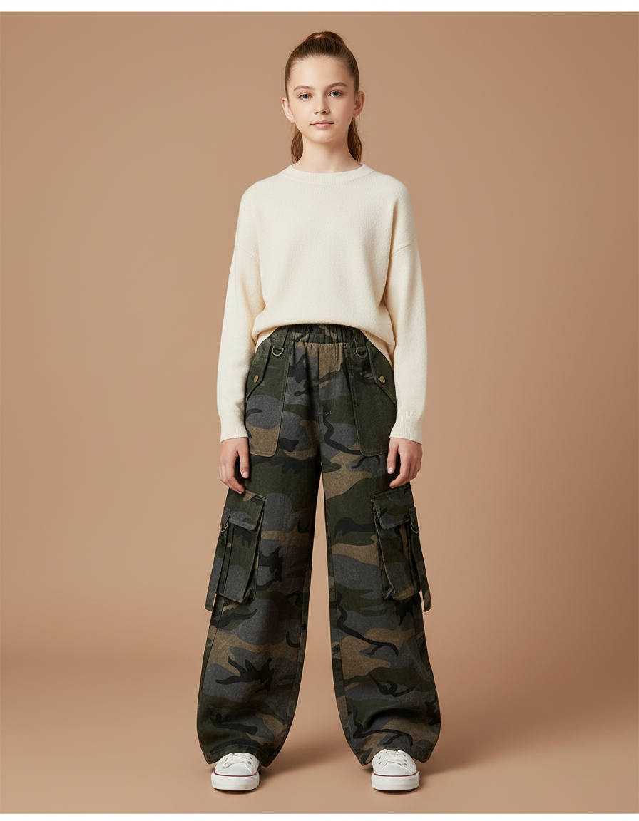 Pantalon Cargo Camouflage Ample Enfant Streetwear Décontracté - Imprimé Coton