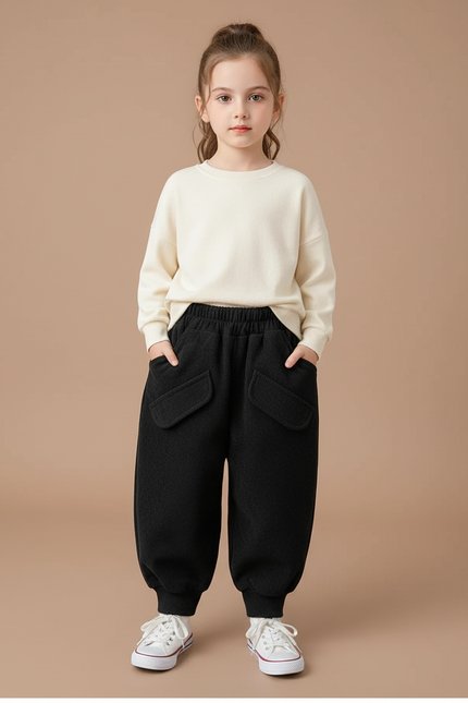 Pantalon Cargo Noir Ample Molleton Poches Enfant