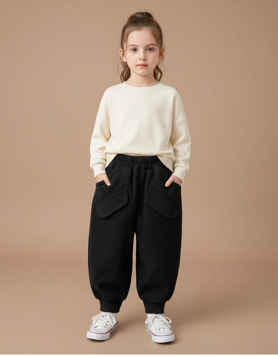 Pantalon Cargo Noir Ample Molleton Poches Enfant