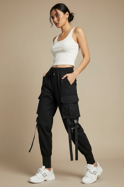 Pantalon Cargo Noir Streetwear Poches Sangles Femme - Polyester
