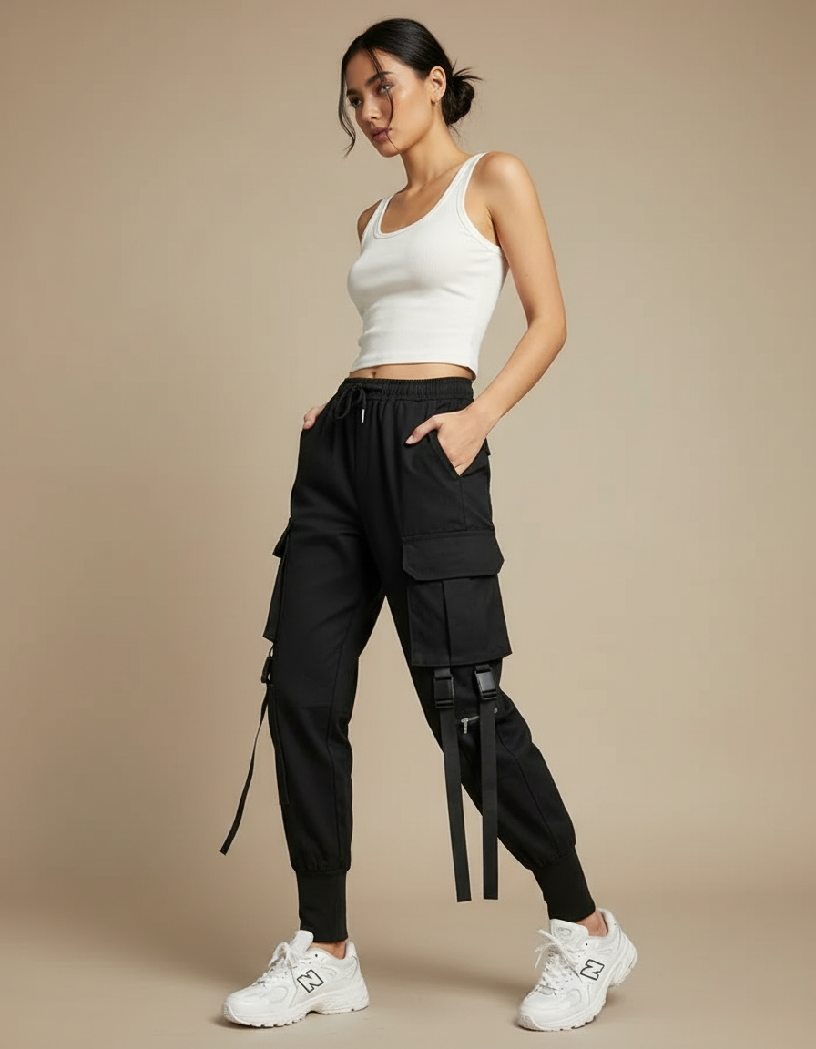 Pantalon Cargo Noir Streetwear Poches Sangles Femme - Polyester