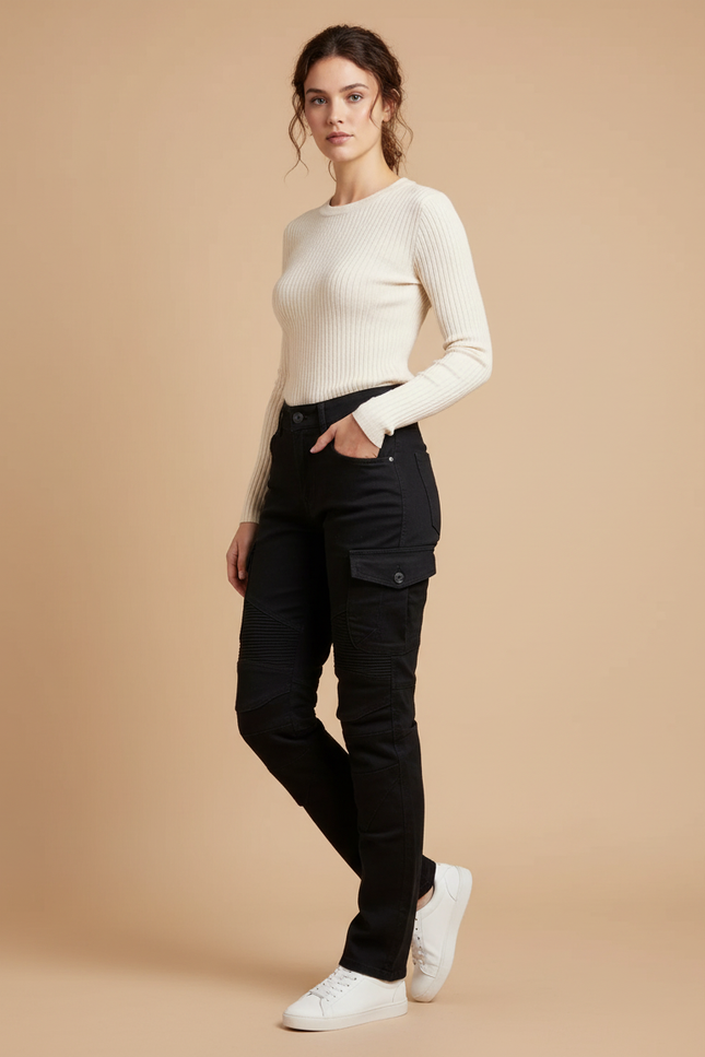 Pantalon Cargo Noir Slim Motard Femme - Toile