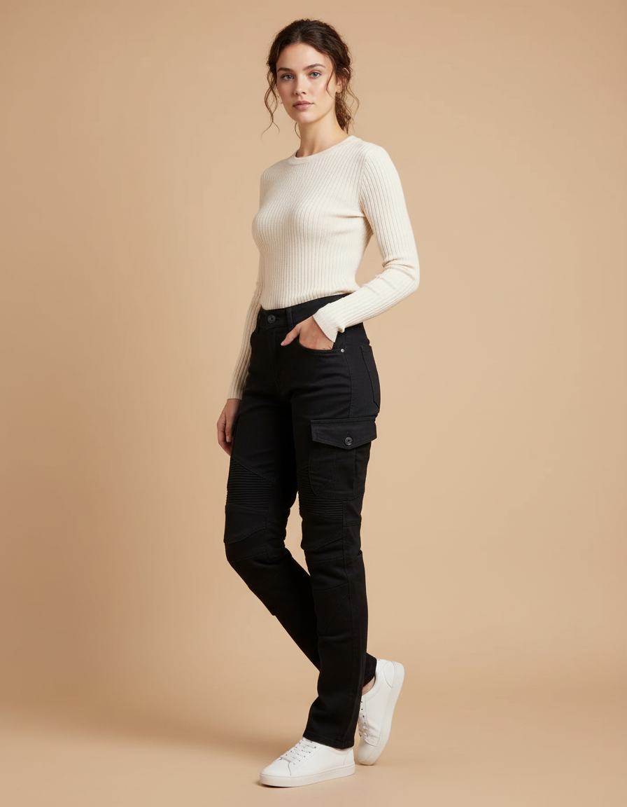 Pantalon Cargo Noir Slim Motard Femme - Toile