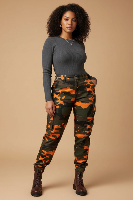 Pantalon Cargo Camouflage Orange Vert Slim Femme - Imprimé Toile