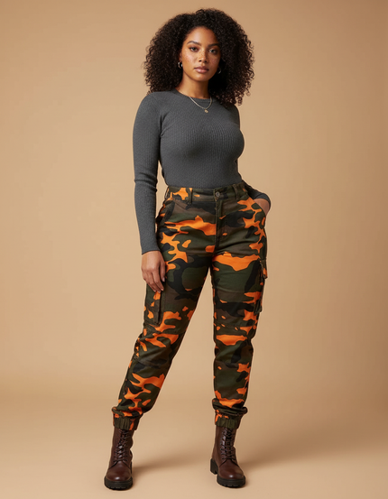 Pantalon Cargo Camouflage Orange Vert Slim Femme - Imprimé Toile