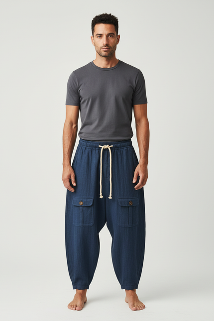 Pantalon Cargo Bleu Ample Coton Lin Décontracté Homme