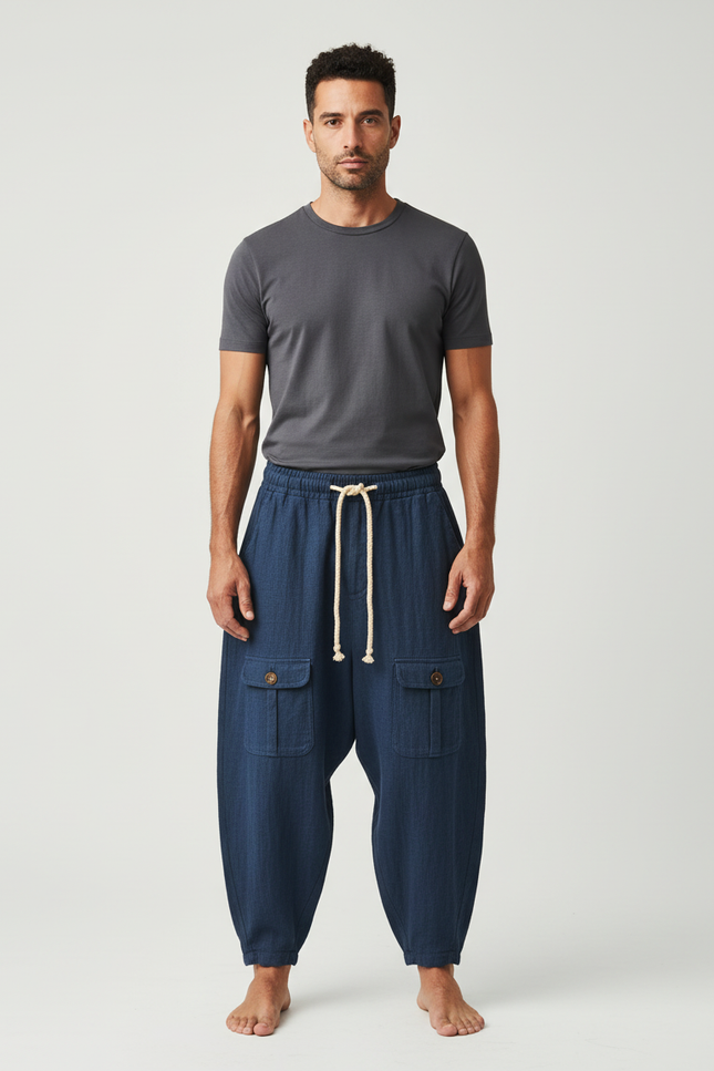 Pantalon Cargo Bleu Ample Coton Lin Décontracté Homme