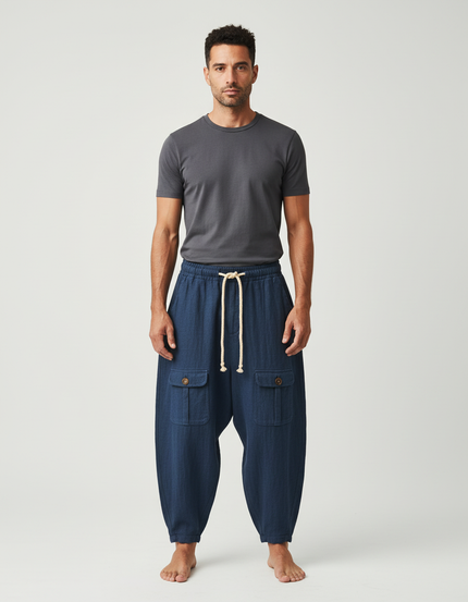 Pantalon Cargo Bleu Ample Coton Lin Décontracté Homme