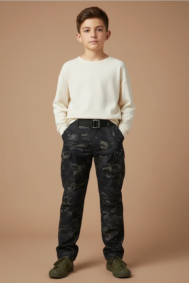 Pantalon Cargo Camouflage Noir Tactique Multipoches Enfant - Toile