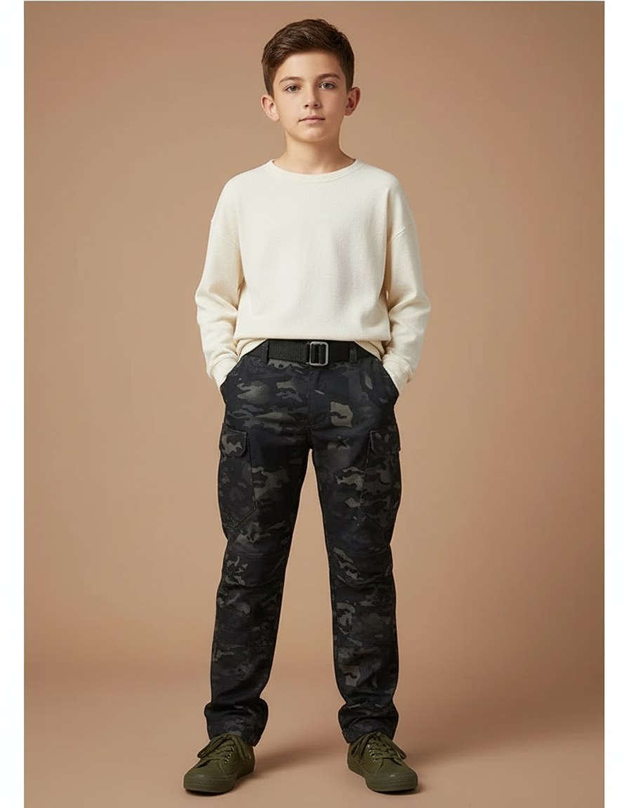 Pantalon Cargo Camouflage Noir Tactique Multipoches Enfant - Toile