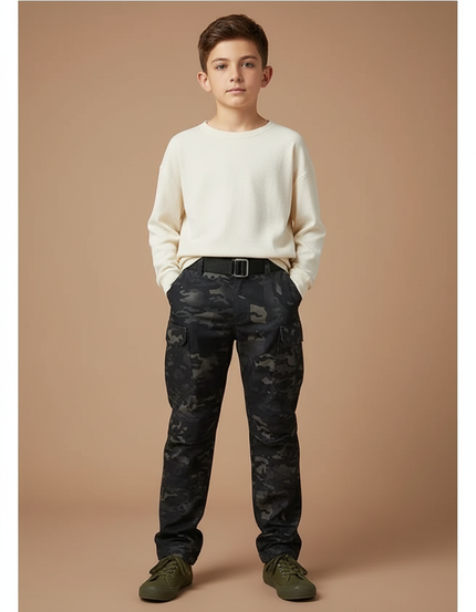 Pantalon Cargo Camouflage Noir Tactique Multipoches Enfant - Toile