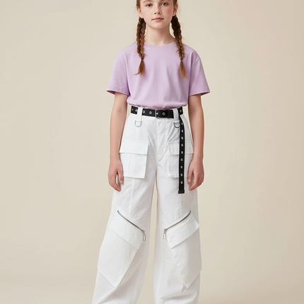 Pantalon Cargo Blanc Ample Zippé Streetwear Enfant - Toile