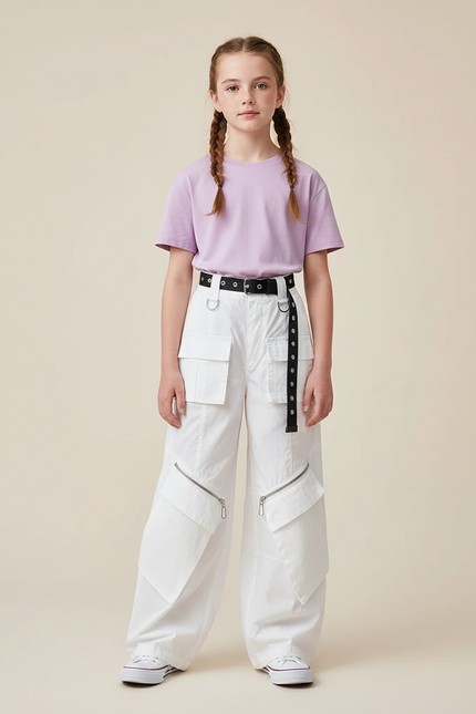 Pantalon Cargo Blanc Ample Zippé Streetwear Enfant - Toile